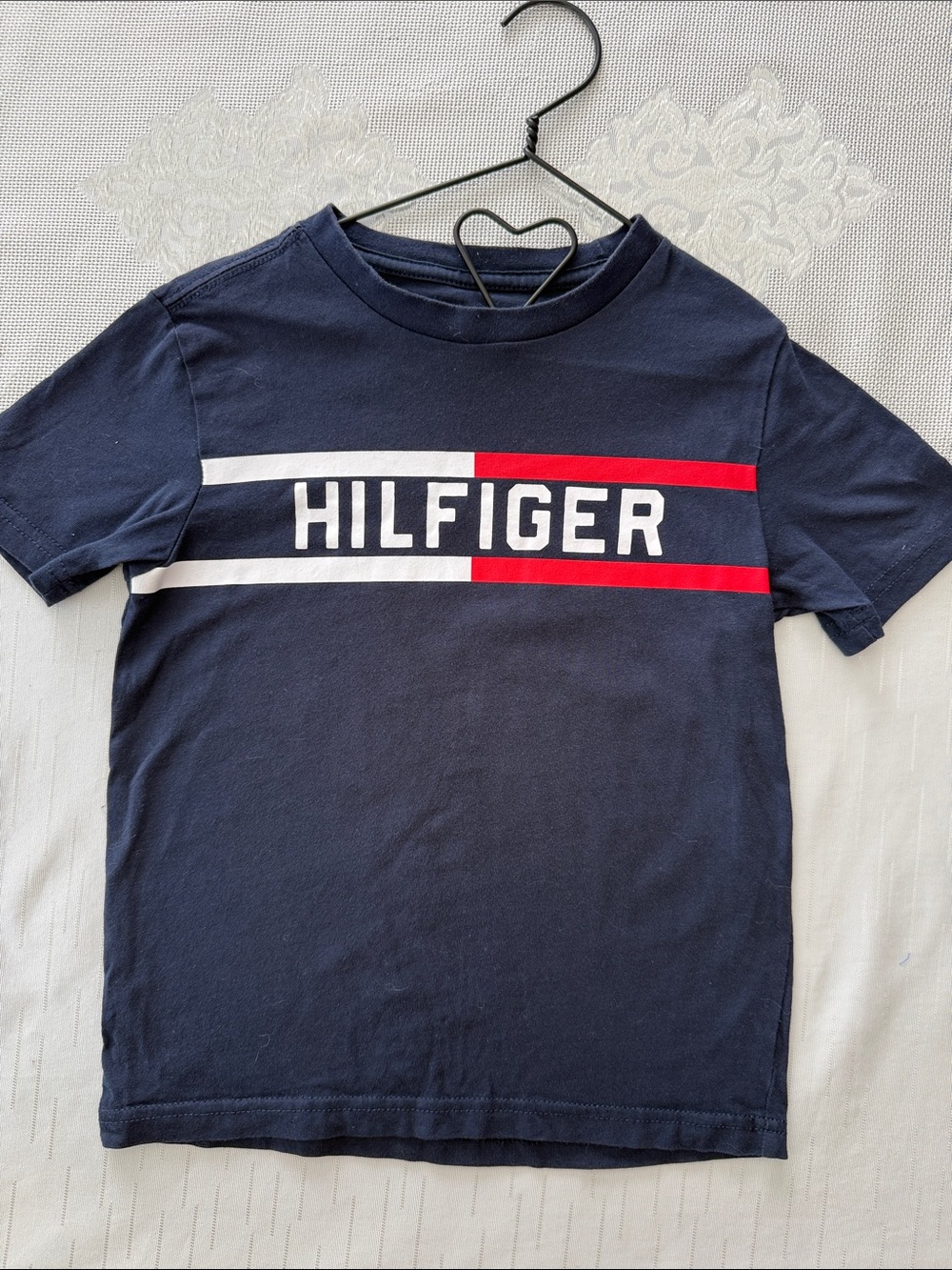 Tommy Hilfiger 4 Navy Tee with White and Red Logo Stripes
